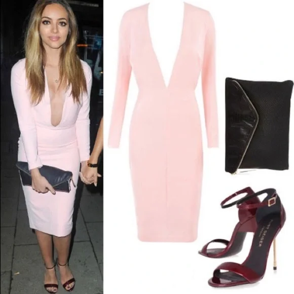 House Of CB Dominique Pink Deep Plunge Bodycon MIDI Dress Medium - Picture 14 of 16